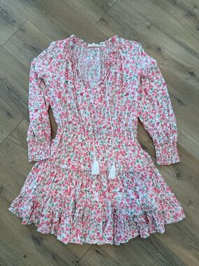 Fanco Floral Tiered Mini Dress Tassel Tie Neck Boho Size Large